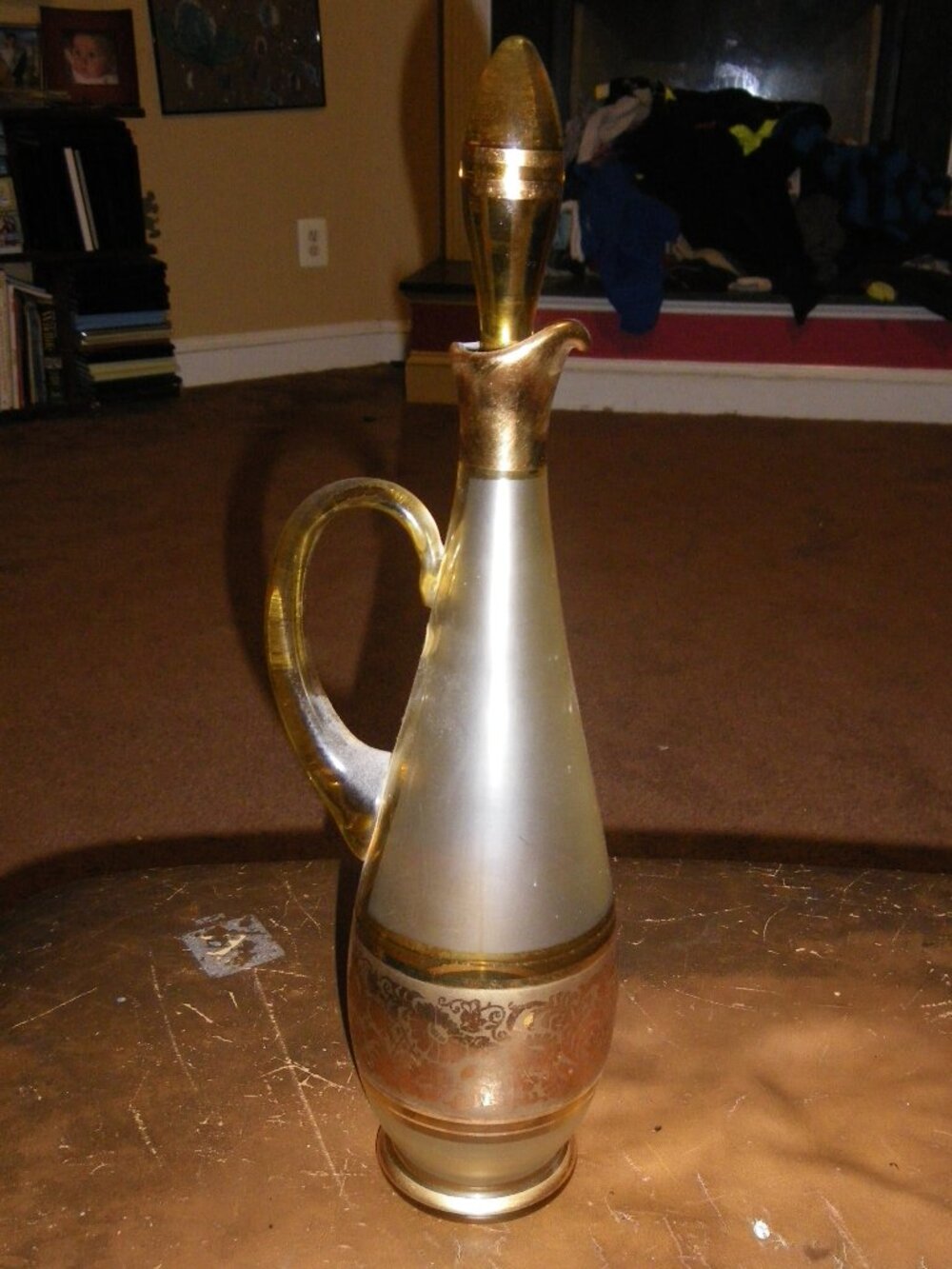 Vintage Tall Ornate Bohemia Crystal Gold Tone & Trim Decanter Czechoslovakia